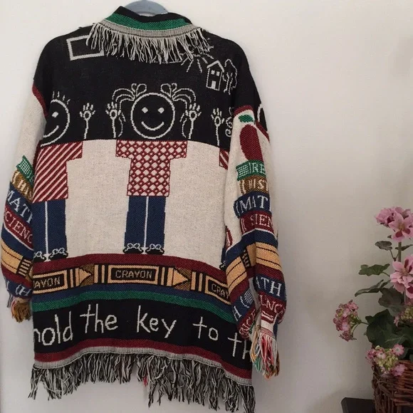 NWOT Lindy Dodds Artwear Fringe Knit Cardigan Jacket Teacher Theme - Picture 7 of 12